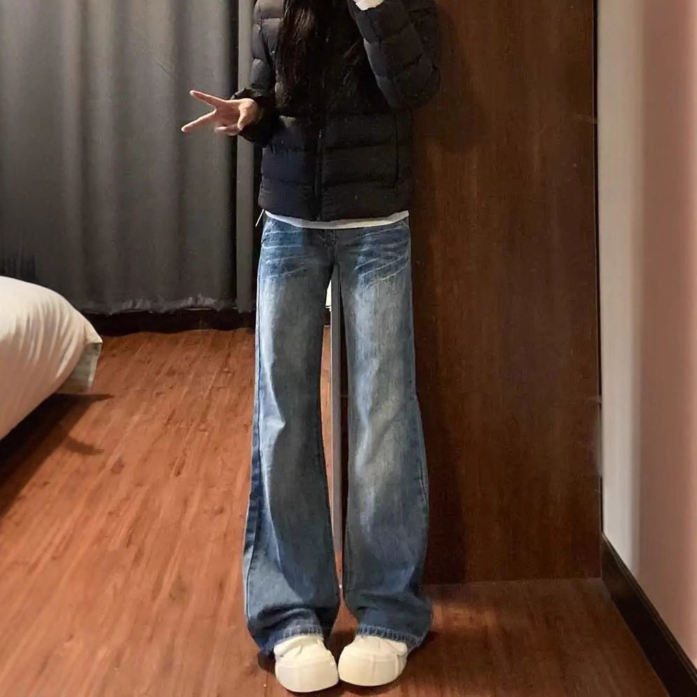 Womens Loose Fit Wide Leg Denim Jeans Washed Finish Straight Cut Comfortable Fabric Spring Summer Casual Wear