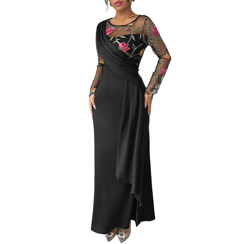 Elegant Long Sleeve Embroidered Dress Irregular Hem Spring Fall Style Perfect for Banquets and Special Occasions
