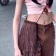Niche Design Drawstring Beaded Deerskin Velvet Tassel Crossbody Bag Vintage All-match Single-shoulder Mobile Phone Bag Early Autumn Women's Bag Trendy