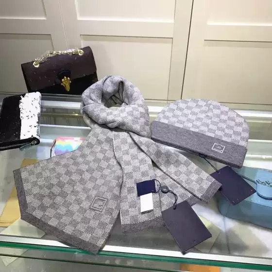 European and American Style Scarf Hat Set Knitted Men's Wool Leather Label Scarf Checkerboard Plaid Warm Boy Scarf