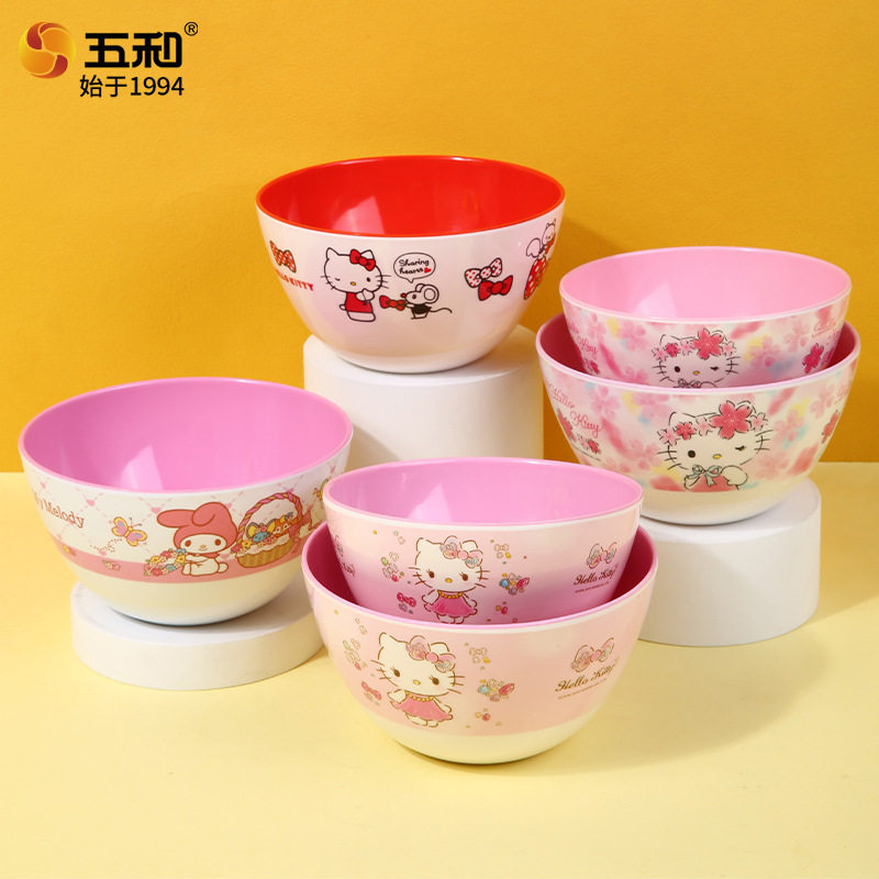 Wuhe Melamine Kidsren's Bowl, Two-Color Bowl, Food-Grade, Anti-Scalding, Drop-Resistant, Cartoon Kidsren's Baby Food Bowl, Rice Bowl, Soup Bowl