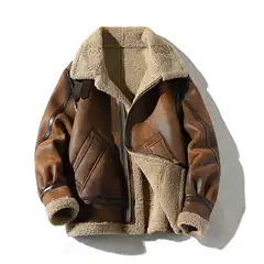Vintage Suede Lambswool Jacket Men's Jacket fleece-lined Thickened Winter Fur One-piece plus size Motorcycle Leather Trendy