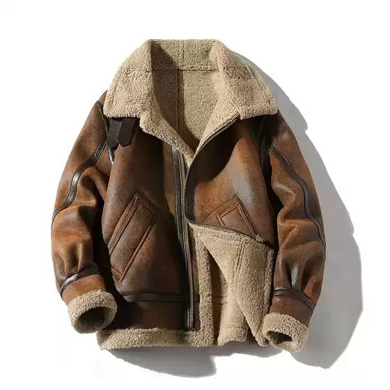 Vintage Suede Lambswool Jacket Men's Jacket fleece-lined Thickened Winter Fur One-piece plus size Motorcycle Leather Trendy