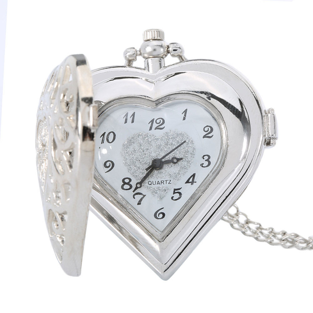 Cross-border hot sale retro hollow heart-shaped silver pocket watch creative flip quartz hanging chain Love pocket watch factory direct sales