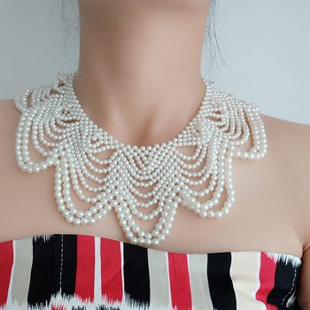 White Handmade Large Wave Woven Pearl Necklace Scarf Fake Collar Clavicle Neck Chain Shawl Yingluo Cloud Shoulder