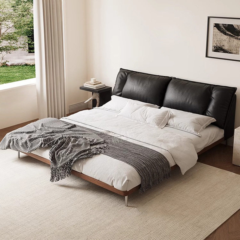 意式极简实木真皮床主卧头层牛皮复古双人床白蜡木中古风婚床家具