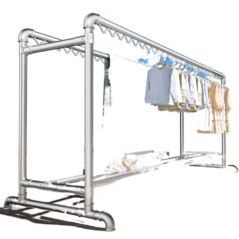 Thickened Galvanized Steel Pipe Clothes Drying Rack Floor-Standing Household Balcony Clothes Rack Outdoor Double-Pole Simple Water Pipe Clothes Drying Rack