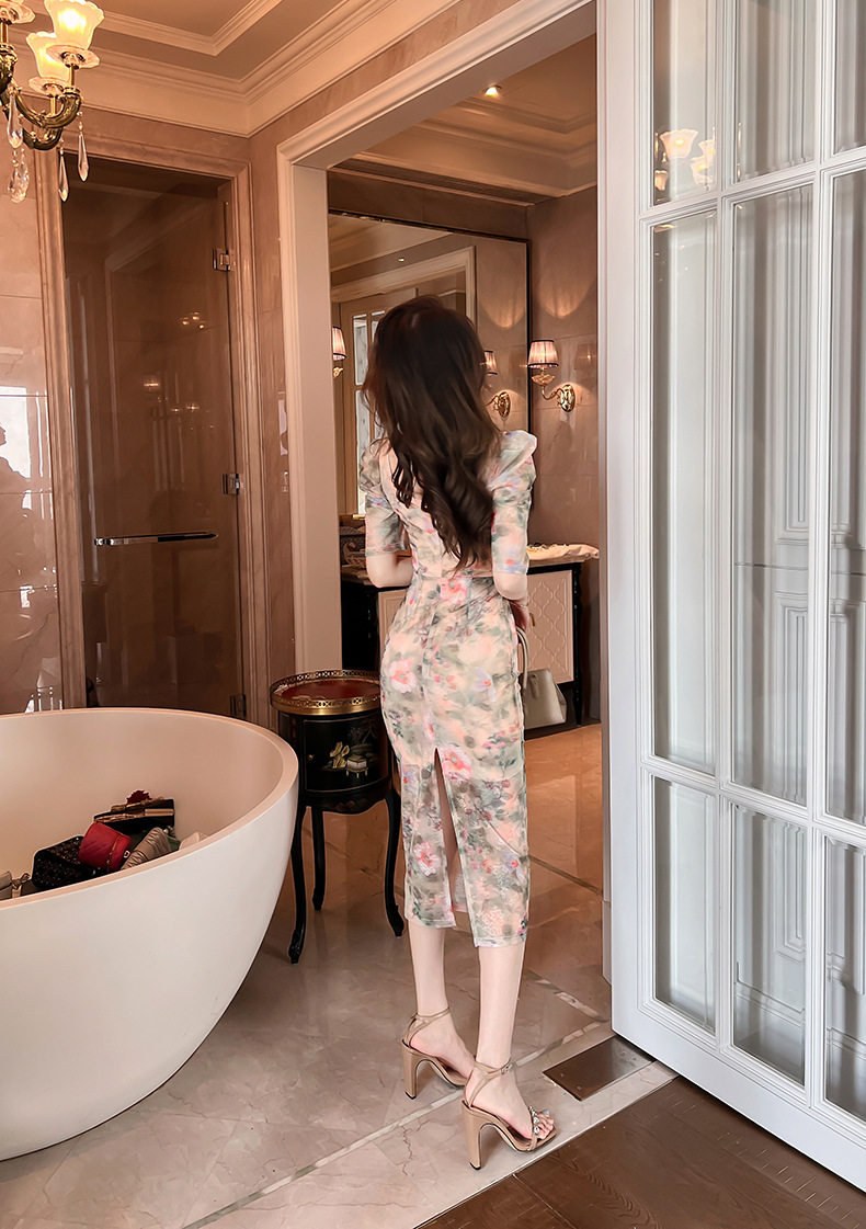 Đầm maxi nữ thắt eo cổ vuông họa tiết hoa retro Pháp — [Xanh lá] chi tiết 10