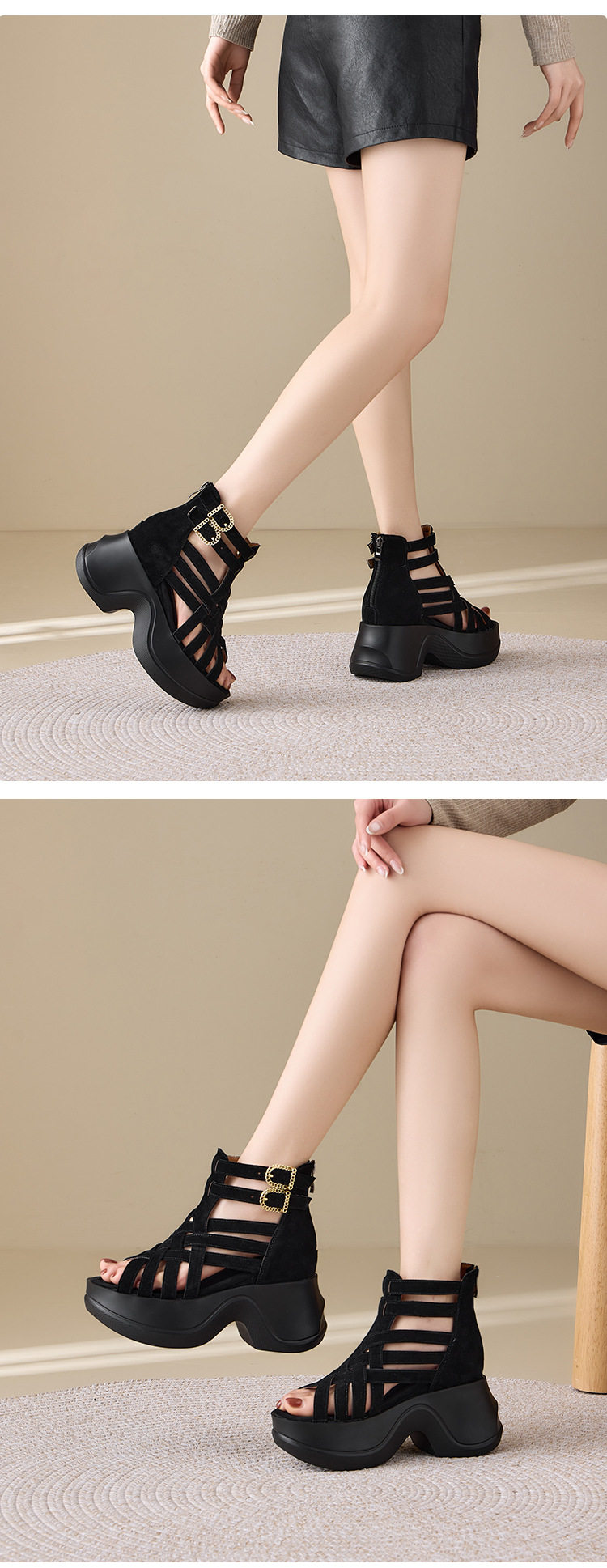 Boot cổ thấp nữ da lộn đế dày 10cm phong cách La Mã — [Màu hồng đào], [Màu đen] chi tiết 6