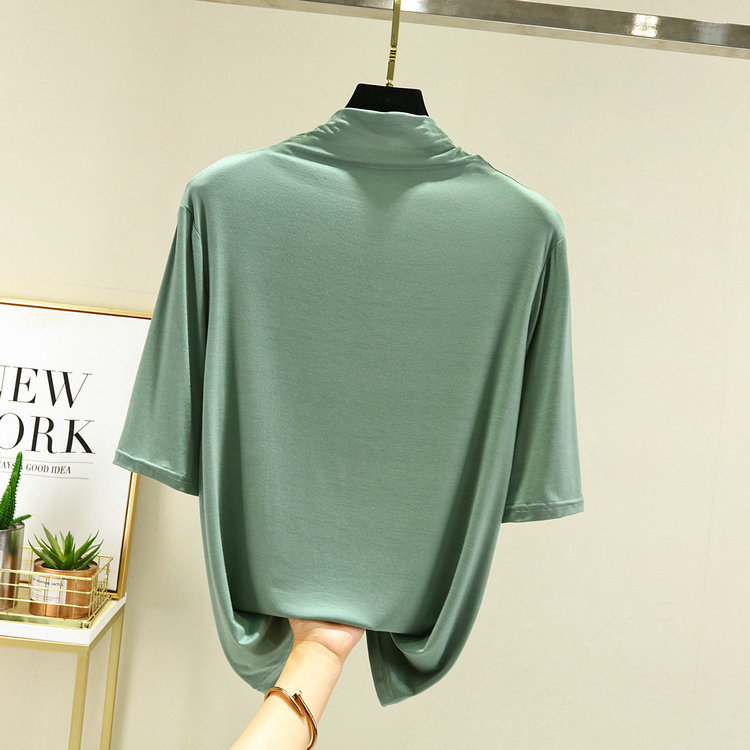 早秋新款纯色基础半高领中袖打底衫女莫代尔棉百搭五分袖T恤上衣