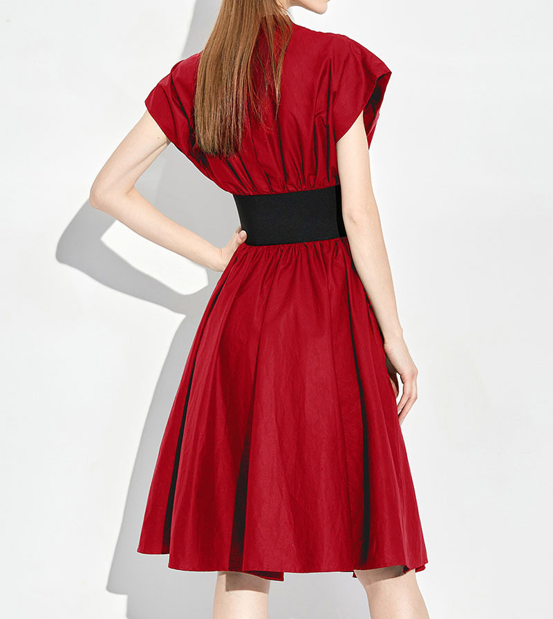 Đầm maxi nữ thắt eo cổ V tay ngắn — Đỏ chi tiết 8