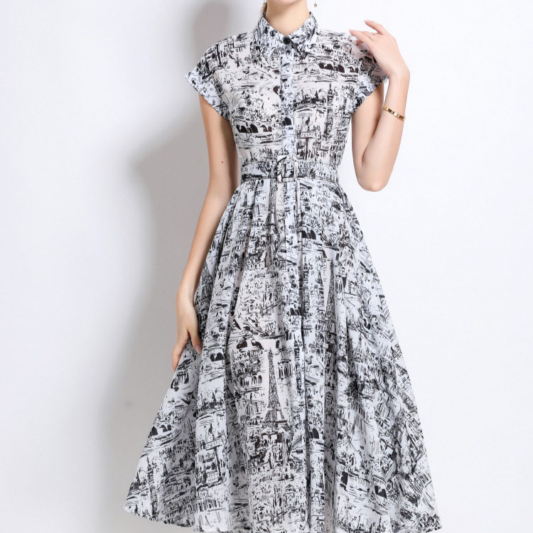 Vintage French Style Floral Short Sleeve Dress Waist Defining Flowy A Line Elegant for Summer Wholesale Available