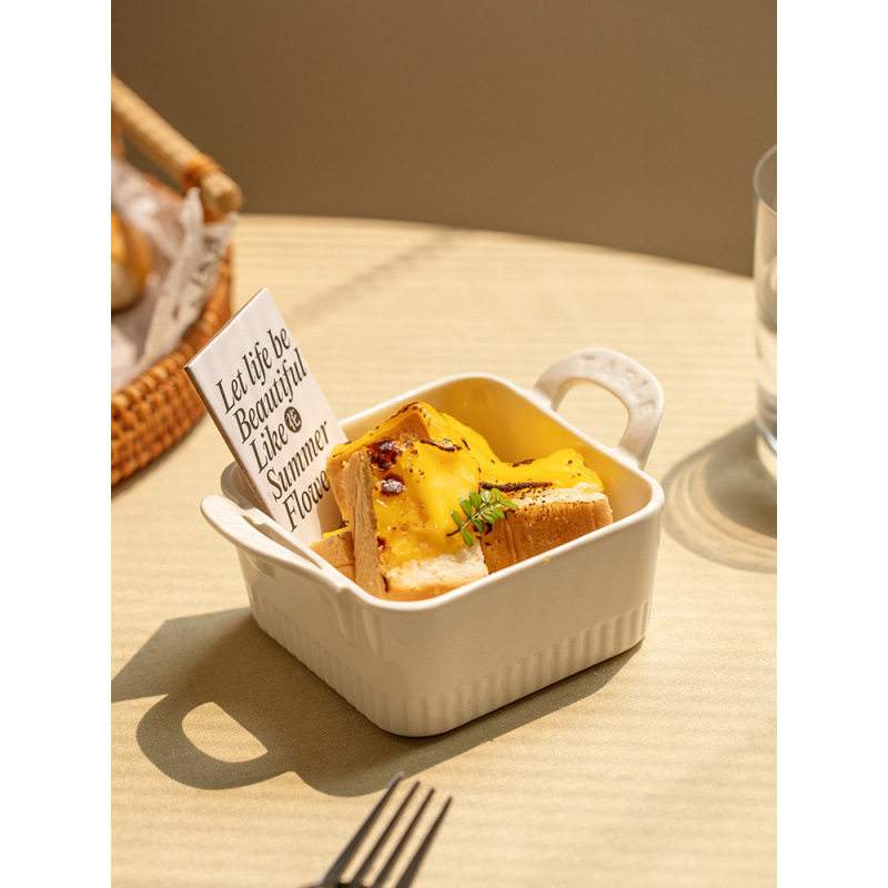 ⭐ Simple Soufflé Double-Eared Baking Bowl Oven Baking Dessert Pudding Steamed Egg Bowl Air Fryer Commercial Ceramic Small