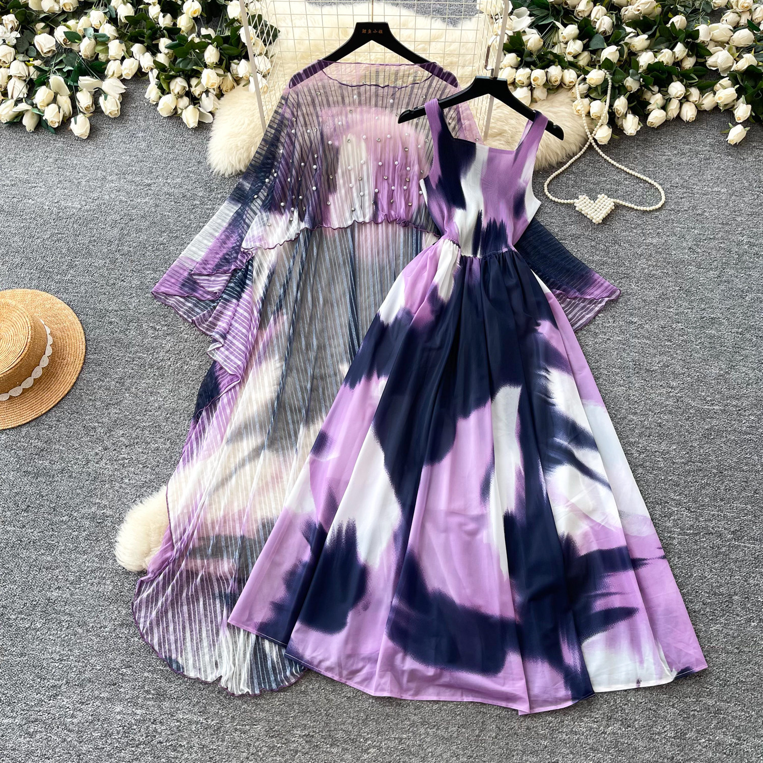French Style Floral Print Dress Three Quarter Sleeve Waist Defining Slim Fit Beaded Details Summer Casual or Office