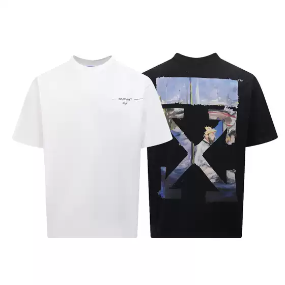 Cross-Border Export Wholesale Spring and Summer New Ow Monet Oil Painting Boat Arrow Short-Sleeved Men's and Women's Same Style Couple Short-Sleeved T-Shirt