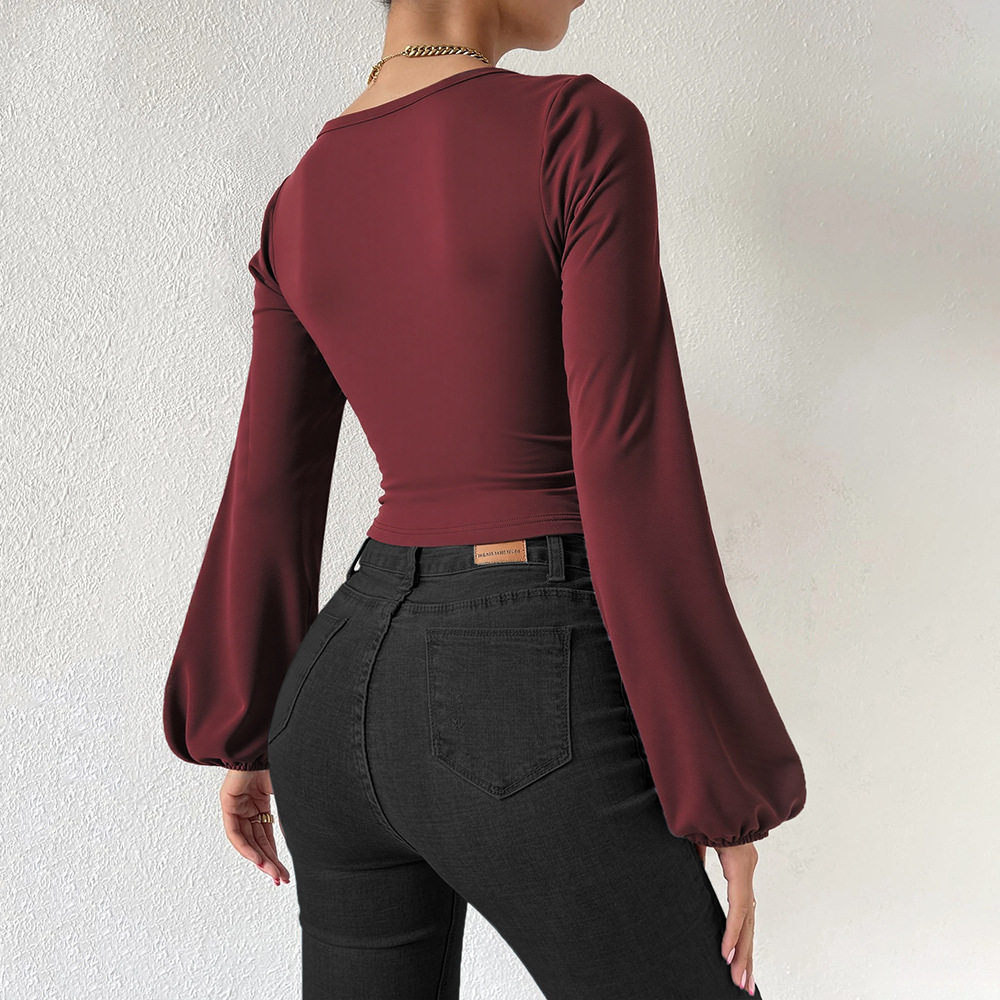 Wine Red Square Neck Short Knit Top for Women Long Sleeve Vintage Lantern Sleeves Slim Fit Spring Summer Casual Wear