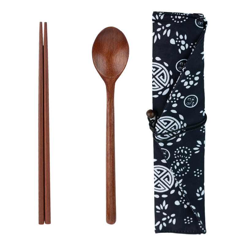 Japanese-Style Chopsticks with Cotton and Linen Bag, Public Chopsticks and Spoon Set, Wooden Spoon Combination, Portable Tableware Wholesale Storage
