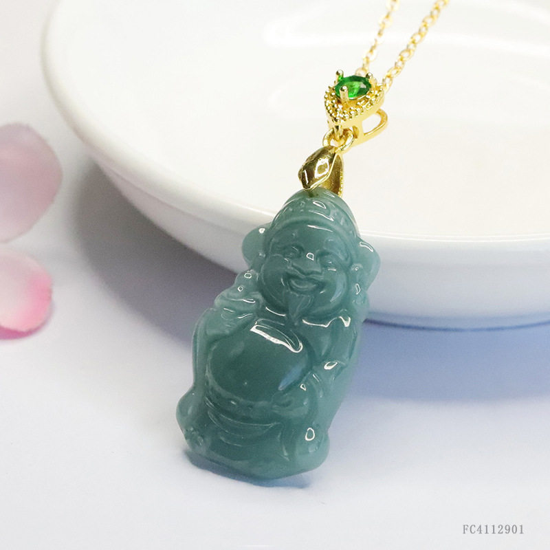 Guan Yu Natural Grade a Jade Pendant Blue Water God of Wealth Jadeite Hanging Ornament Necklace Jewelry Wholesale S4112901