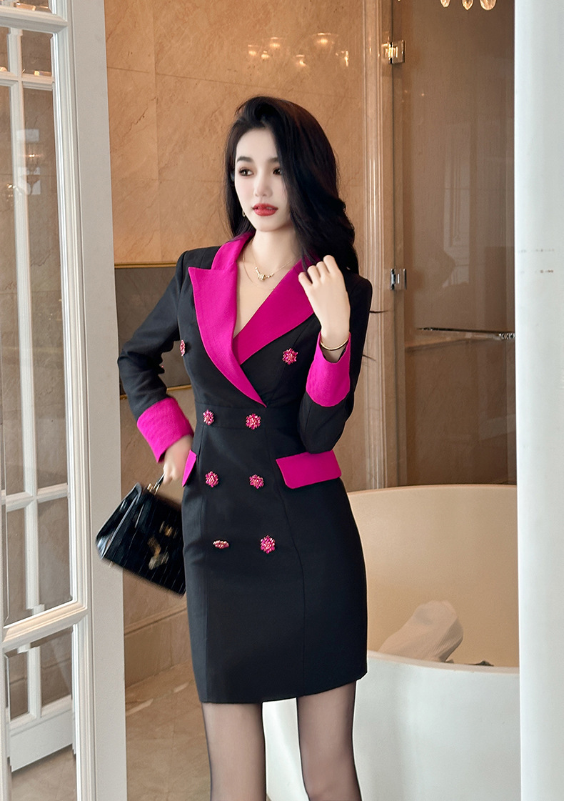 Đầm blazer nữ dáng ôm thắt eo phối màu thanh lịch — Màu Thanh Long