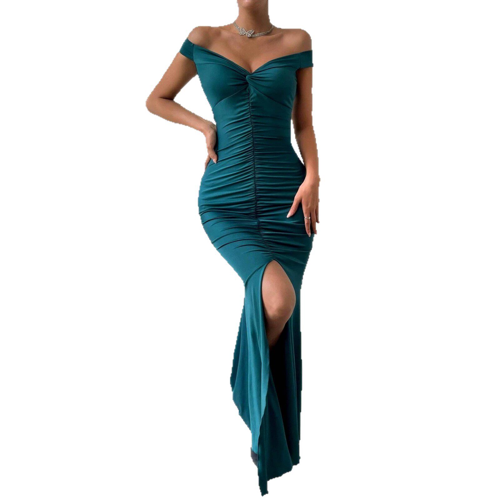 Off Shoulder Ruched Mermaid Dress Slim Fit High Slit Elegant Evening Gown Perfect for Formal Events OEM Available