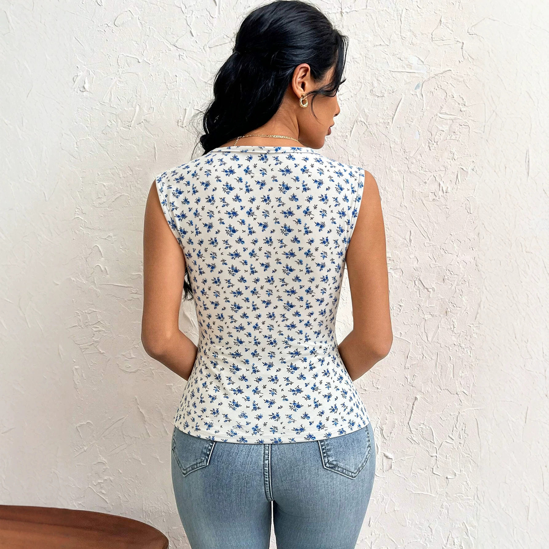 Floral Print Sleeveless Top Asymmetrical Design Waist Cinching Side Slit Casual Summer Wear Wholesale Available