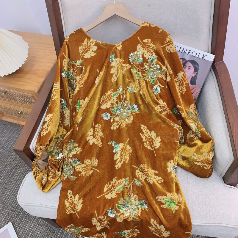 Đầm maxi nữ cổ chữ V thêu đính cườm chất liệu nhung — hồ bơi xanh, Sữa trắng, Tỏa sáng màu đen