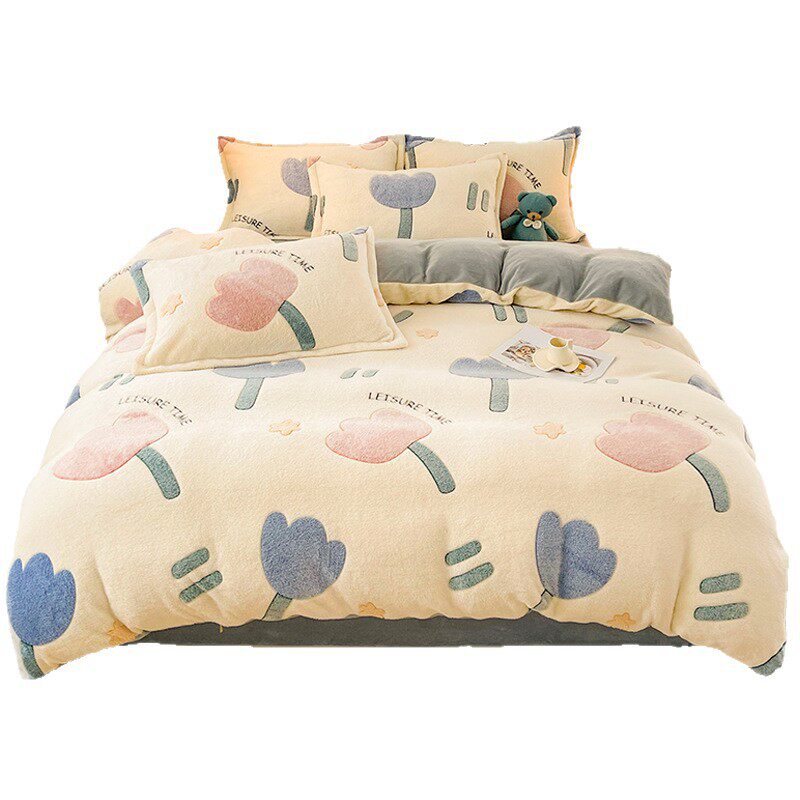 High-Density Milk Velvet Four-Piece Set for Supermarkets and Foreign Trade, Thickened and Warm for Winter Dormitory Use, Includes Three-Piece Bed Sheet and Duvet Cover