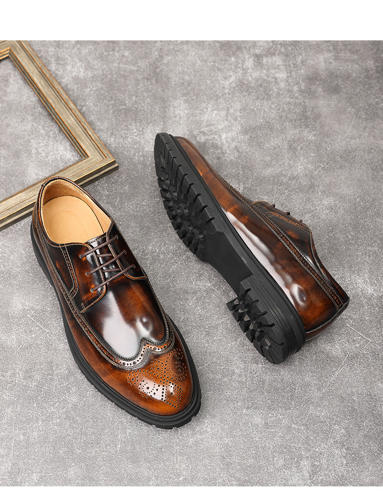 Giày Oxford nam da bò thật bề mặt bóng, đế cao su dày, kiểu brogue lịch lãm — Màu đen, Màu vàng nâu