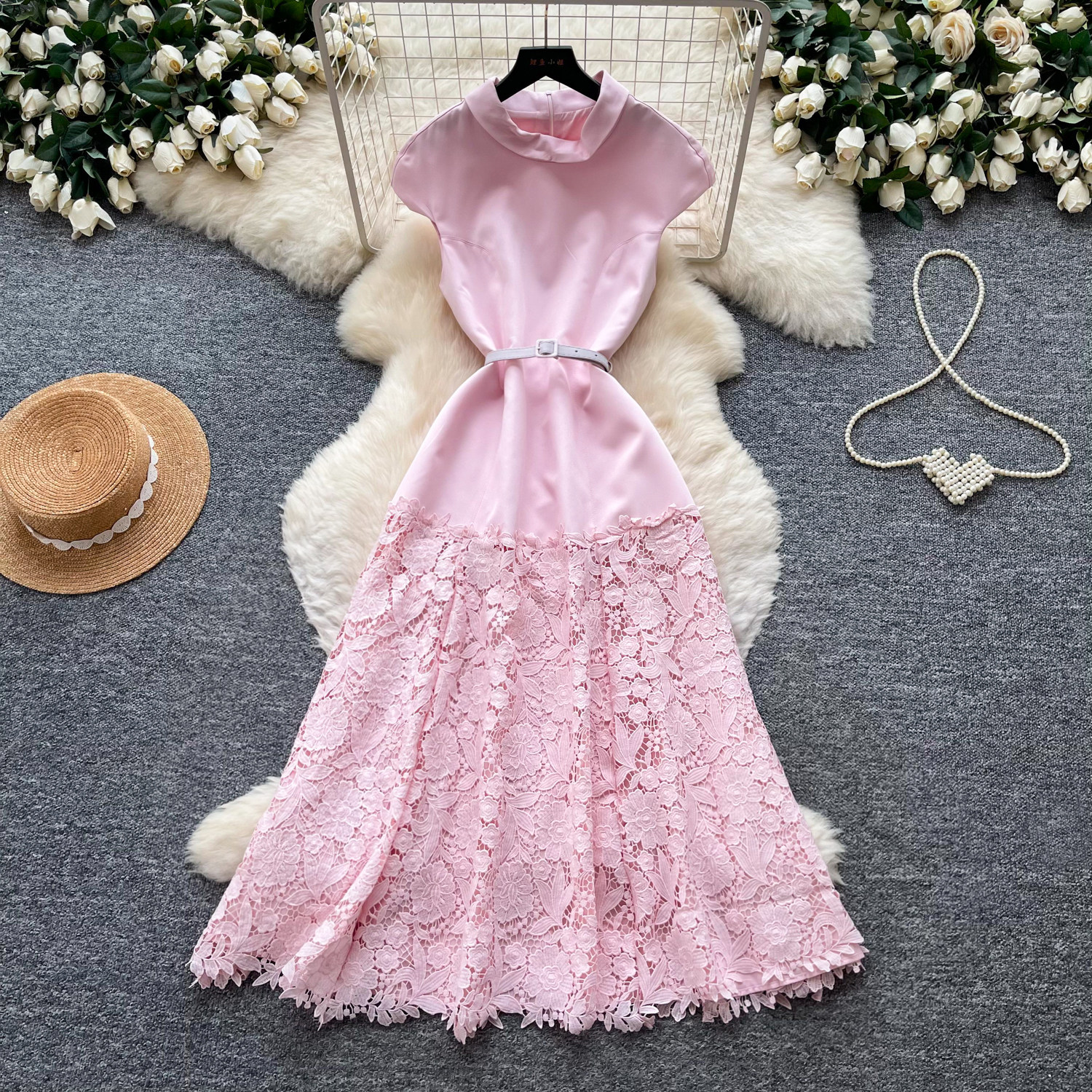 Elegant Lace Trimmed A Line Dress High Waist Slim Fit Summer Fashion Perfect for Parties and Special Occasions