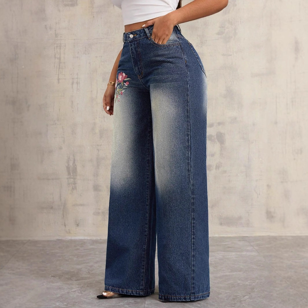 Vintage Embroidered Wide Leg Jeans Loose Fit Casual Style Womens Fashion Wholesale Available