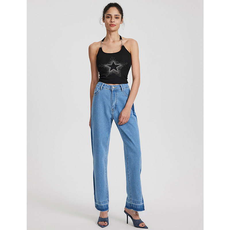 High Waisted Straight Leg Jeans Vintage Inspired Casual Split Hem Design Womens Fashion for Everyday Wear