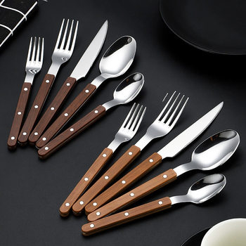 Thickened Stainless Steel Western Food Rivet Clamp Handle Knife and Fork Spoon Imitation Wood Handle French Steak Knife Five Main Parts suit