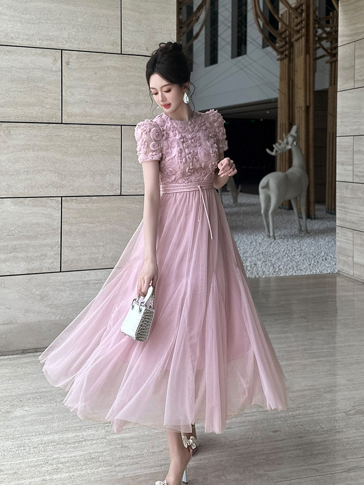Đầm suông nữ tay ngắn cổ tròn chất liệu lưới voan phối ren nổi 3D — [Hồng], [Mơ]