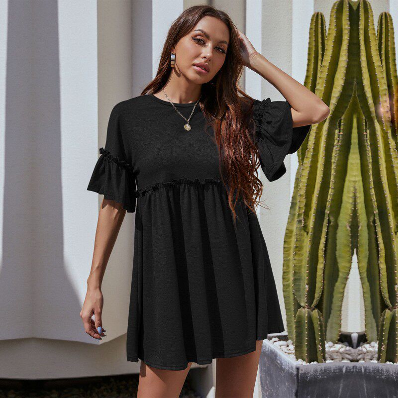 Summer Womens Dress Solid Color Ruffle Trim Loose Fit Casual Wear for Everyday Wholesale Available