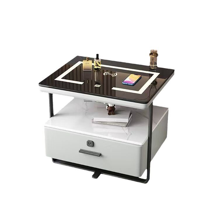 Smart Bedside Table Small Iron Art Very Simple Modern Light Luxury Rock Board Solid Wood Wireless Rechargeable Bedroom Bedside Cabinet