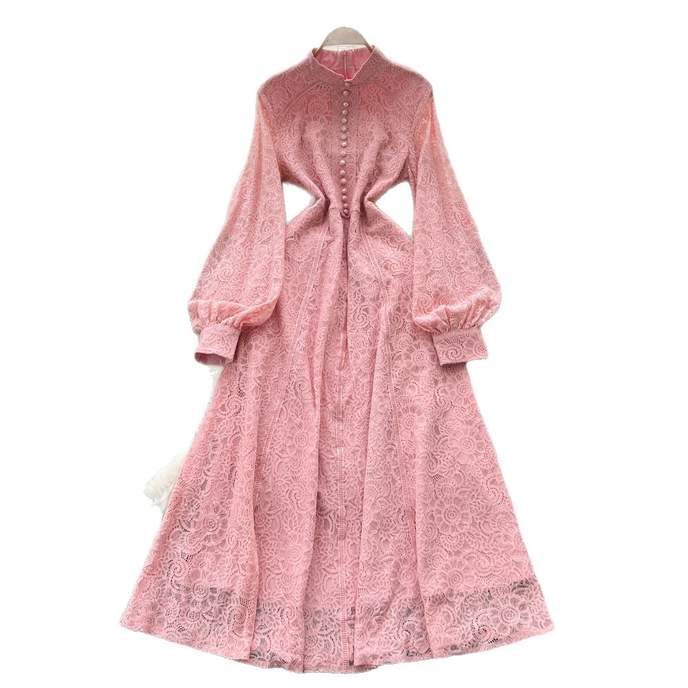 French Court Style Dress Elegant Lace Slim Fit Single Breasted Long Sleeve Autumn Fashion for Women Wholesale