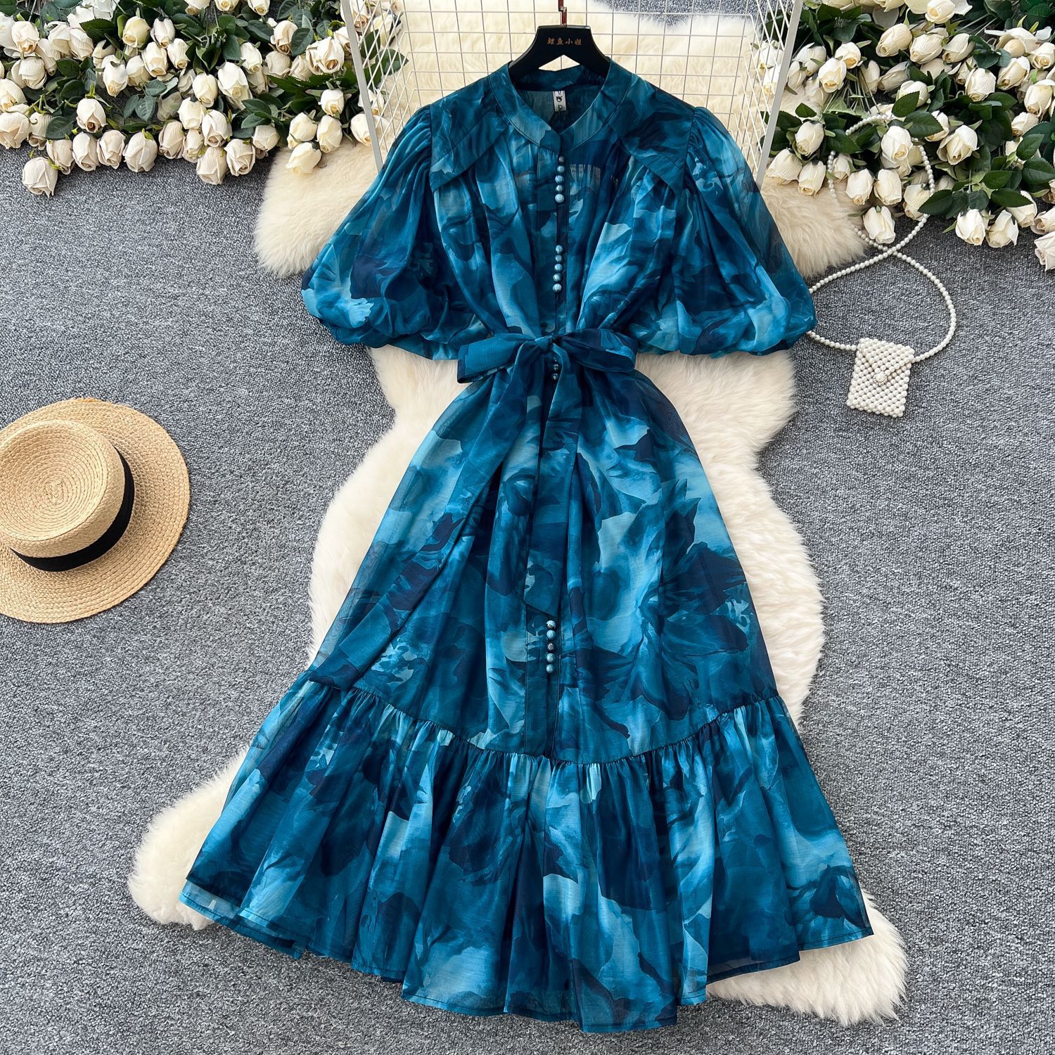 Luxury European Style Printed Puff Sleeve Dress for Women Summer Waist Tie A Line Elegant High Quality Fabric