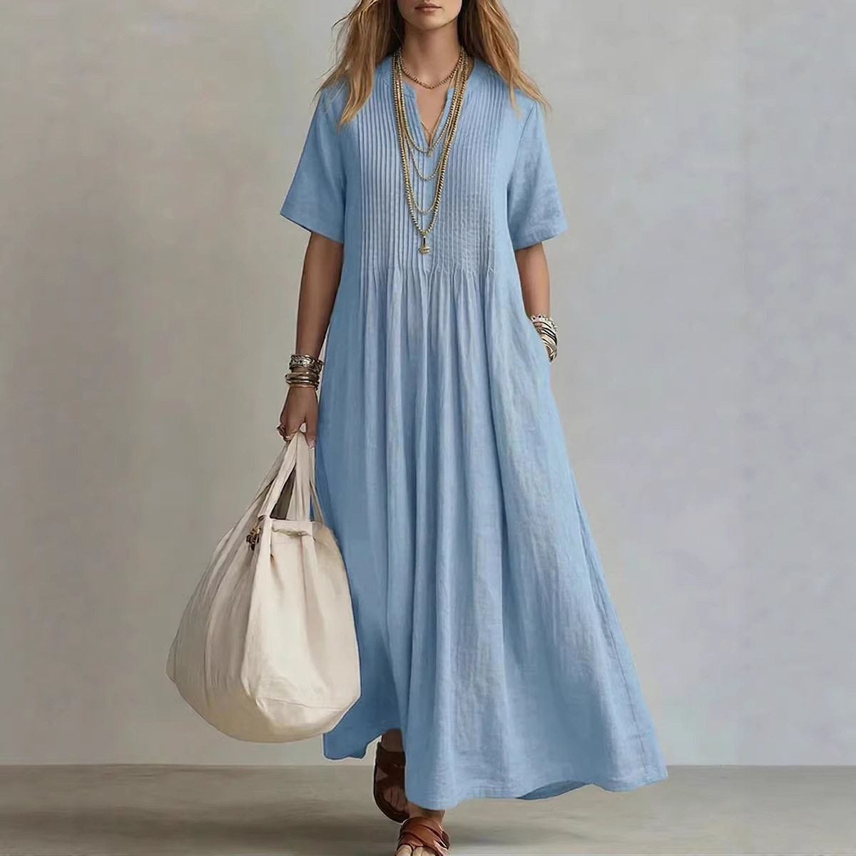 Casual Vacation Style Womens Maxi Dress Solid Color V Neck Long Sleeve Summer Collection Wholesale Available