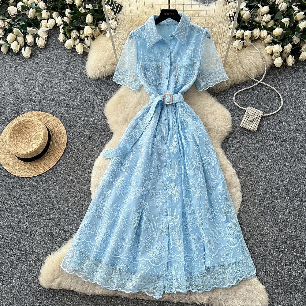 French Elegant Embroidered Lace Dress Summer Slim Fit A Line Korean Style Perfect for Office and Casual Occasions