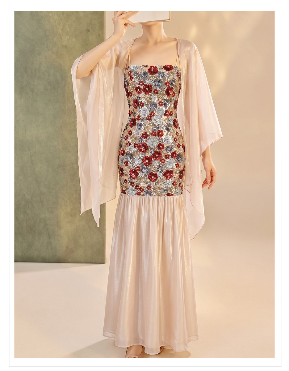 Bộ đầm hai dây thêu hoa kèm khăn choàng cardigan dáng dài — Khăn choàng màu be (giao hàng trong 7 ngày), Váy hai dây (giao hàng trong 7 ngày), Váy hai dây (giao hàng trong ngày), Bộ sản phẩm (giao hàng trong 7 ngày)