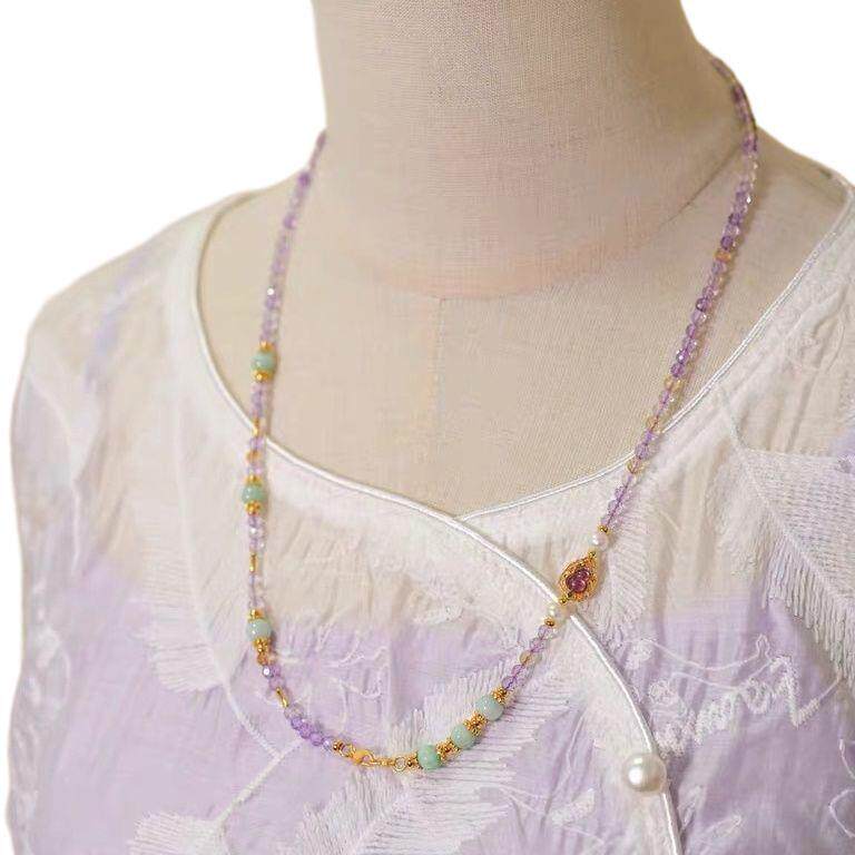 Authentic Natural Amethyst Necklace Women's Double Buckle Universal Necklace Jade Freshwater Pearl Multi-Treasure Sweater Chain New Style