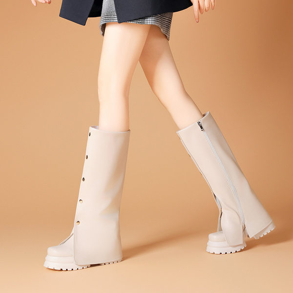 Boot Cao Gót Nữ Da Bóng Dáng Dài Tăng Chiều Cao Bên Trong 10cm Phong Cách Anh Quốc Màu Đen, Kem