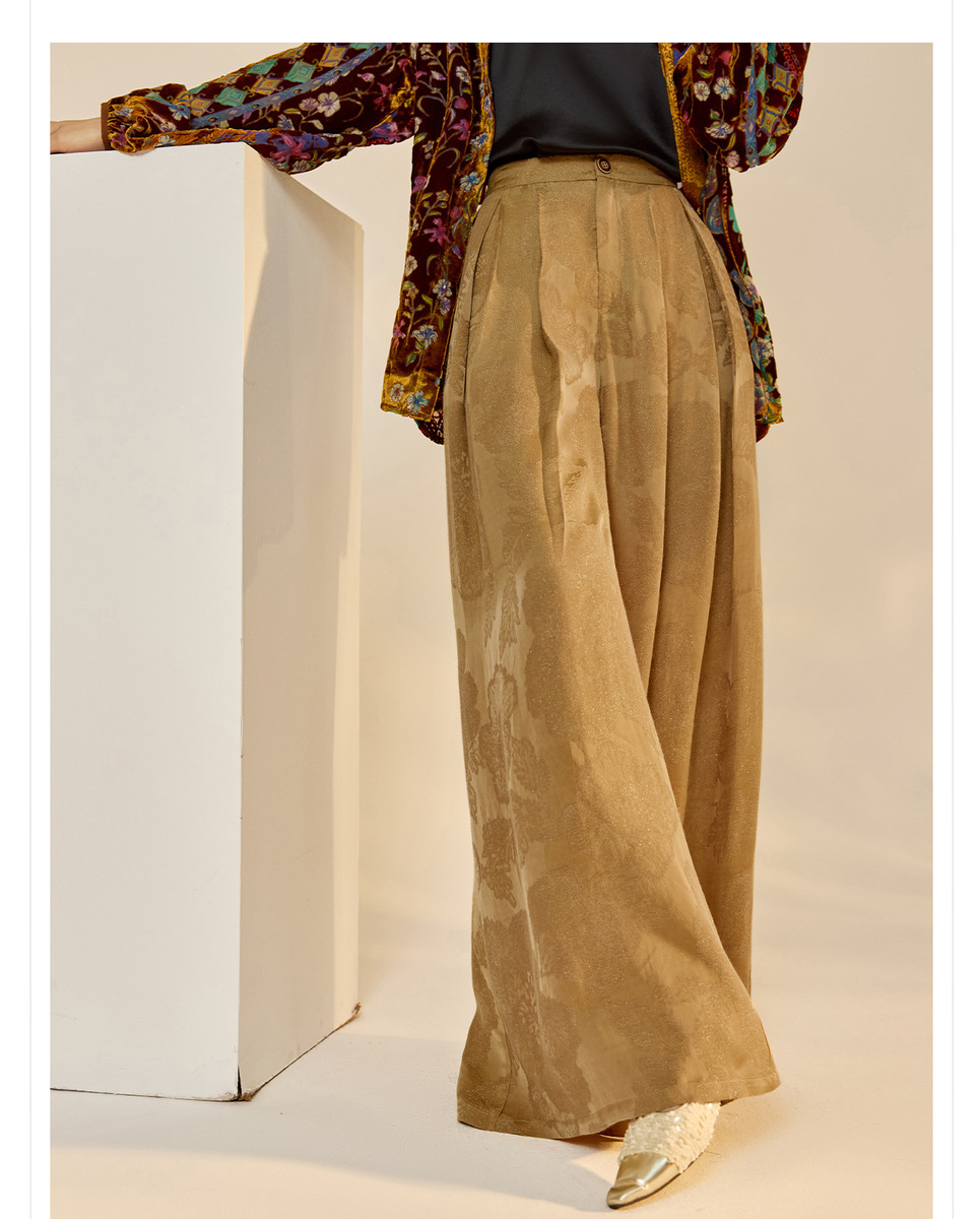 Quần dài ống rộng nữ họa tiết jacquard lụa tơ nhân tạo — Màu trắng nhạt, màu vàng