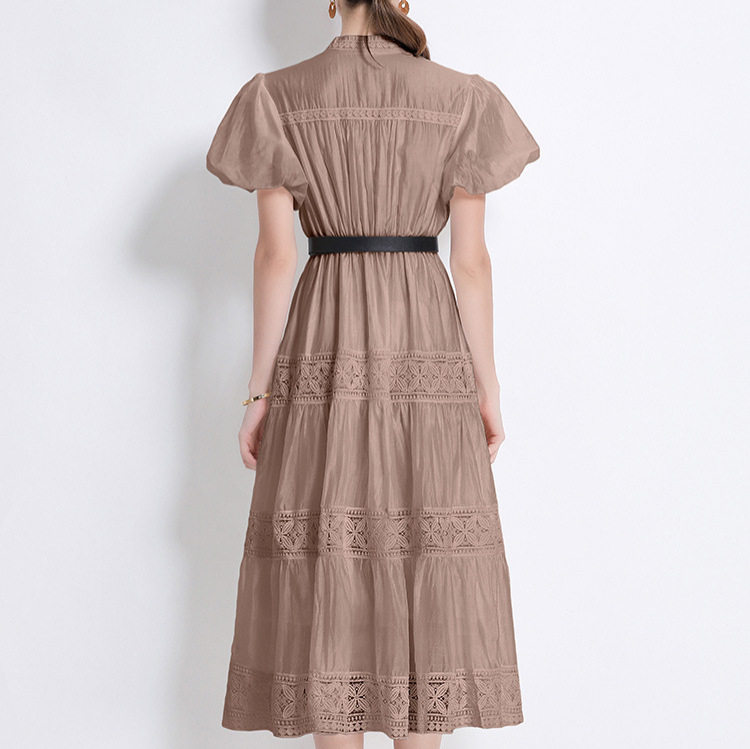 Summer Vintage Lace Hollow Out Long Maxi Dress with Round Neck Button Closure Puff Sleeves and Belt Elegant Womens