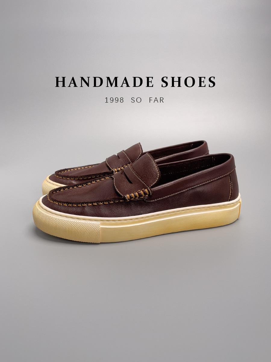 Giày loafer nam da bò thật thủ công kiểu cổ điển — Aima Orange (đánh bóng bằng tay để làm cũ), Màu đen, Chờ sương và mưa (đánh bóng bằng tay), Màu cam