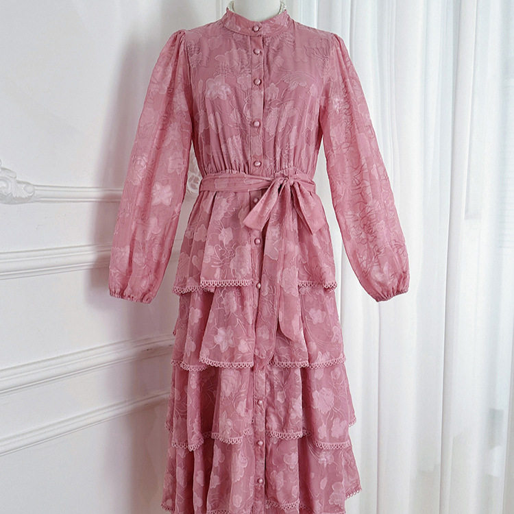 Elegant Lace Trimmed Ruffled Hem Dress High End French Style Waist Tie Slim Fit Autumn Fashion for Women Wholesale