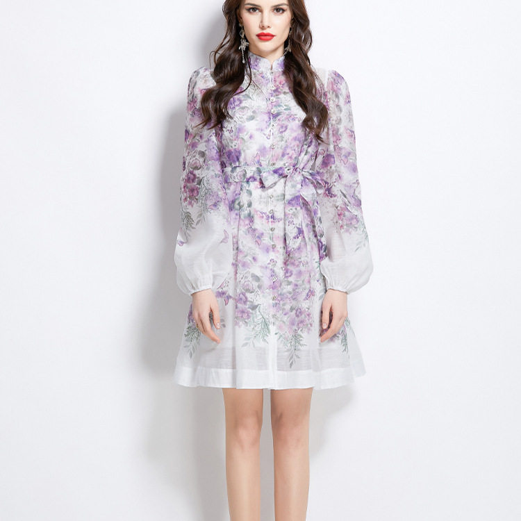 Elegant Spring Dress Stand Collar Single Breasted Lantern Sleeves Floral Print Waist Tie Perfect for Parties and