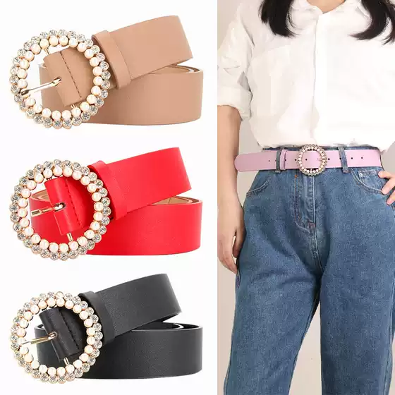 Women's Belt Buckle with Rhinestones Fashion Sweet Pearl Belt for Women Matching Dress Decorative Belt Manufacturer