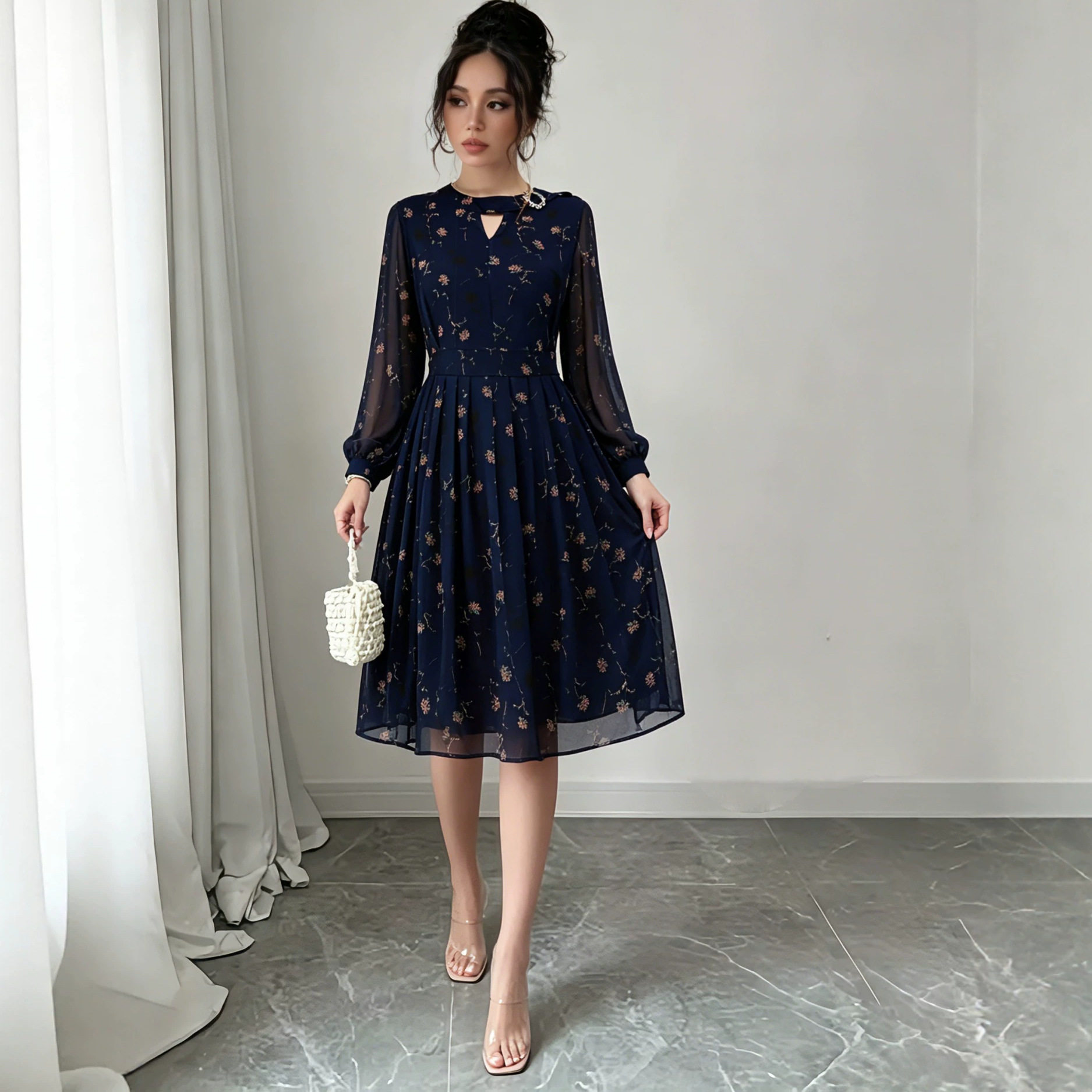 Blue Printed Chiffon Long Sleeve Dress for Women A Line Silhouette Rhinestone Accents Mid Length Perfect for Spring
