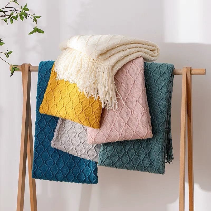 Nordic Retro Rhombus Wool Blanket Solid Color Knitted Blanket Bedside Blanket Bed Sofa Blanket Towel Bedside Towel